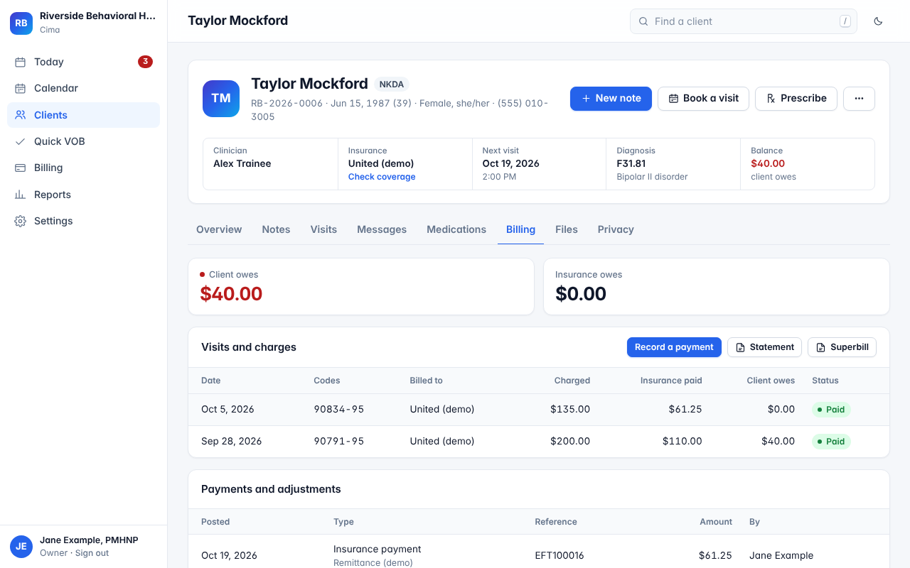 A client's chart: billing, statement and superbill